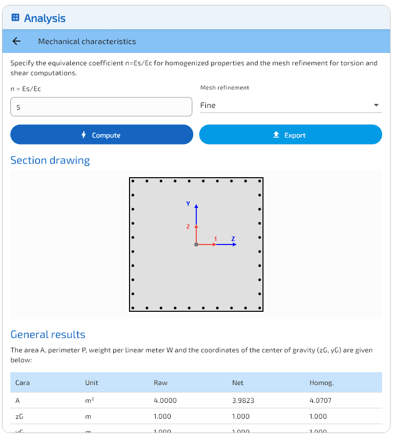 Page de résultats des caractéristiques mécaniques.