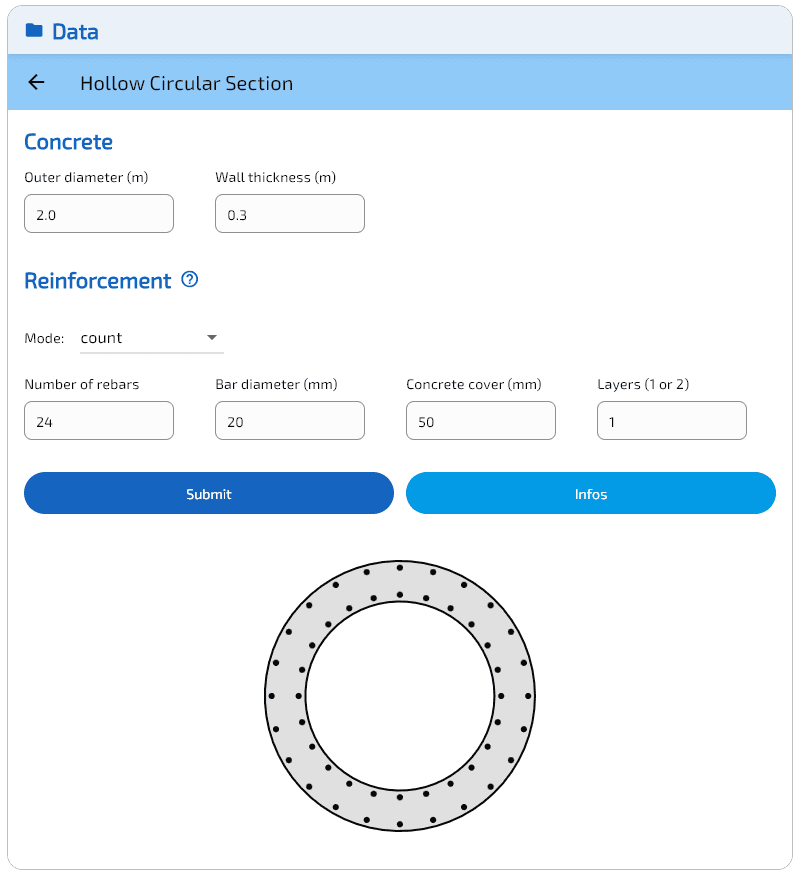 Saisie de la section circulaire évidée.